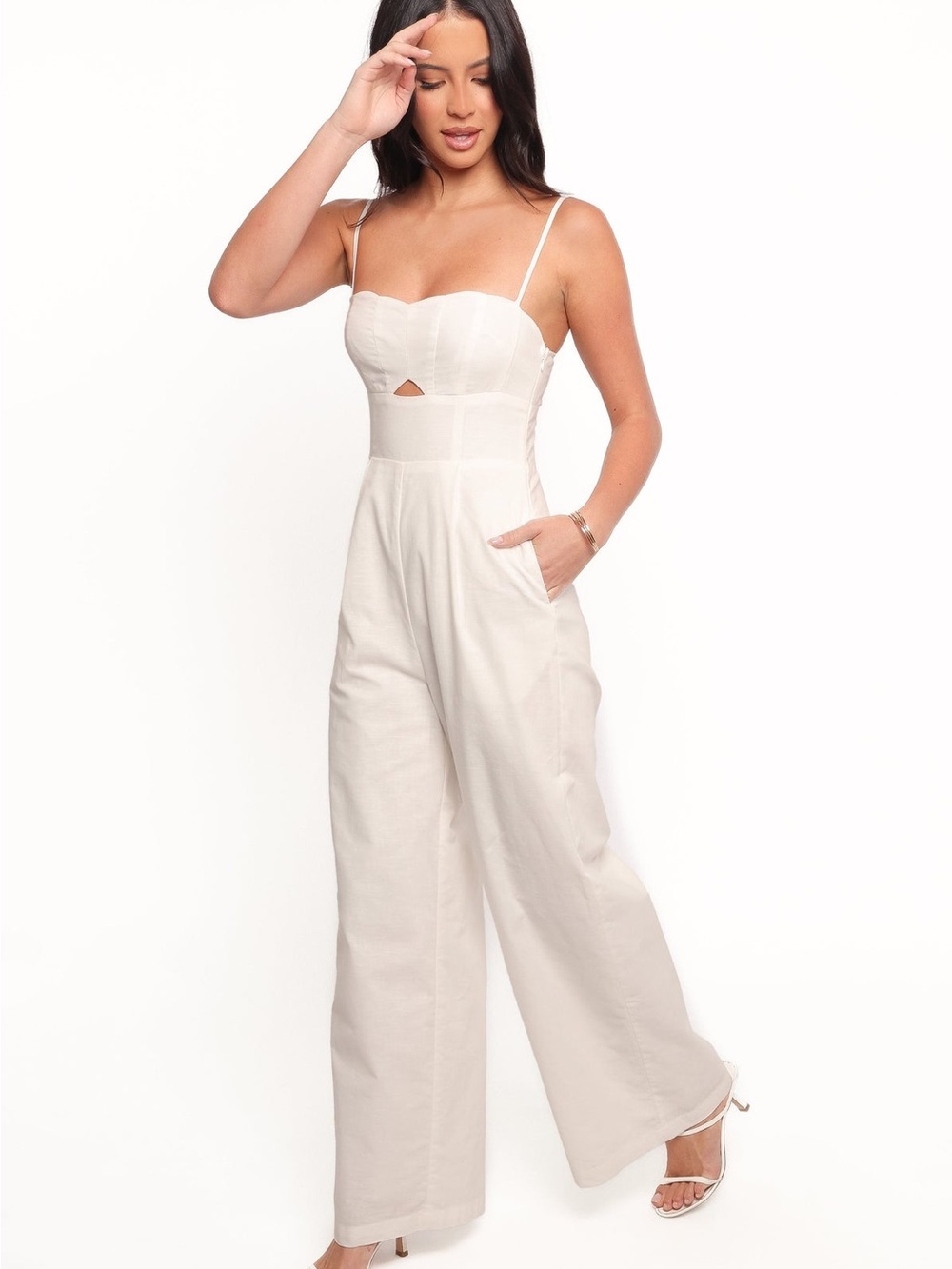 Women's Cream Wide-Leg Scalloped Top Jumpsuit with Spaghetti Straps